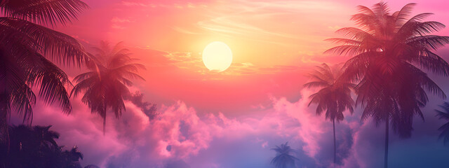 Fototapeta na wymiar Silhouettes of palm trees stand tall against a dramatic dusk sky