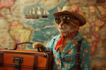 illustration of a tourist cat - obrazy, fototapety, plakaty