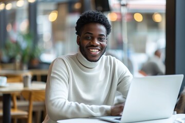 Happy African American man working on a laptop. Generate AI image - Powered by Adobe