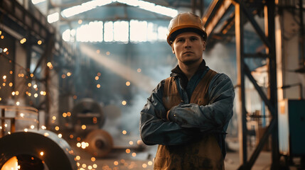 Factory worker in uniform portrait with welds a metal beam with sparks flying on background.