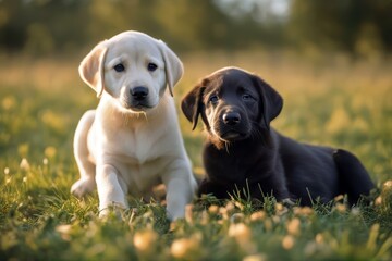 'fressen welpen fleisch labrador haufen junge einen dog puppy eat meat fodder food hunger peckish several2 together meal feed ear big natural healthy petfood animal small young white bright funny' - obrazy, fototapety, plakaty