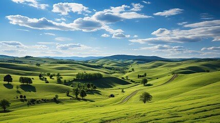 panoramic view of green meadow under blue sky with clouds