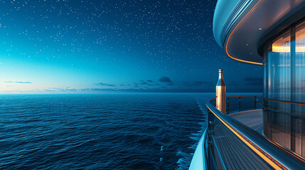 An elegant, slender bottle mockup on the balcony of a luxury cruise ship, with the endless ocean stretching to the horizon under a starry night sky. 32k, full ultra hd, high resolution