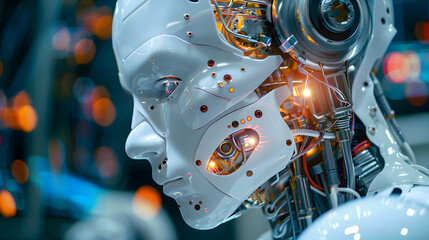 A robot humanoid AI engine machine technology in laboratory room.