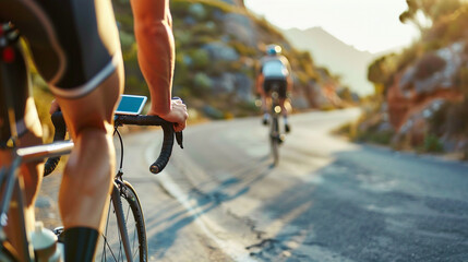 Sport concept, senior man bycicle on mountain road