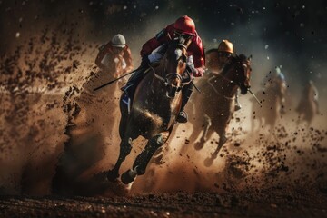 Horses and jockeys racing on the track. Generate AI image