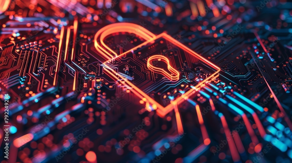 Aufkleber a lock symbol overlaid on a network of wires representing the protection and security that cyberterr