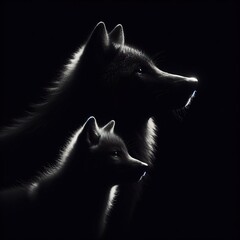 Black background Rim light a wolf mother and her baby in profile photography, with the light shining on its fur