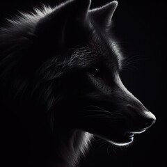 A wolf in dark portrait, with the rim light. black and white