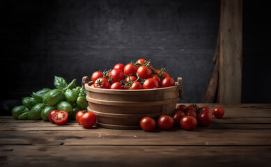 Wooden basket full with Fresh red  small Tomato