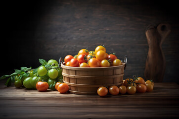 Wooden basket full with Fresh orange color Tomato