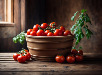 Wooden basket full with Fresh red big Tomato