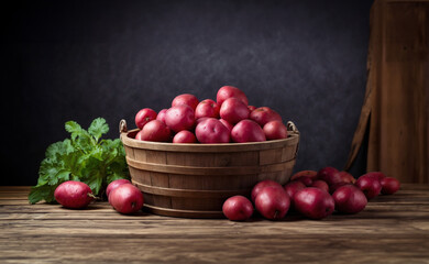 Isolated Potato wooden Basket. Red, maroon color 
