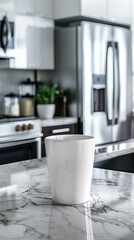 An elegant white porcelain cup mockup placed on a polished marble countertop in a high-end kitchen, with stainless steel appliances. 32k, full ultra hd, high resolution