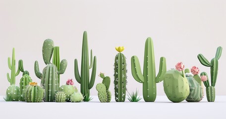 3D delightful and heartwarming sketchnote of cactuses white background - obrazy, fototapety, plakaty