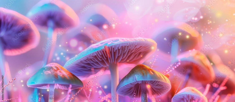 Poster clustered mushrooms of various sizes and colors are seen up close in a lush field surrounded by gras
