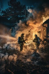 Fototapeta premium Team of firefighters responding to an emergency call in the middle of the night, rushing to extinguish a blaze and save lives, Generative AI