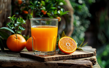 a glass of orange juice next to a half of an orange. generative ai