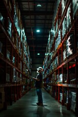 Fototapeta premium Warehouse worker organizing inventory and fulfilling orders during the night shift, ensuring timely shipments to customers, Generative AI