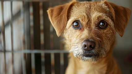 Sad-eyed dog in shelter cage conveys sense of abandonment. Concept Animal Rescue, Abandoned Pets, Shelter Dogs, Sad-eyed Portraits - obrazy, fototapety, plakaty