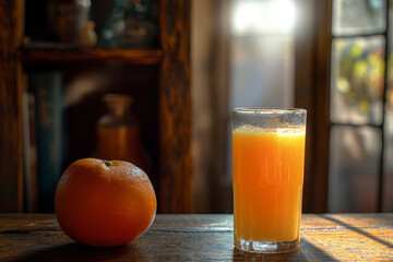 a glass of orange juice next to a half of an orange. generative ai