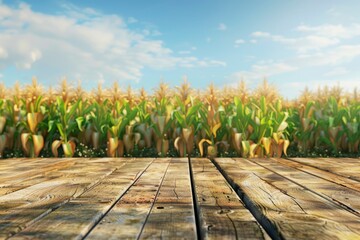 Sweet corn field and wooden table at Agriculture corn. 3D illustration, of free space for your texts and branding - generative ai