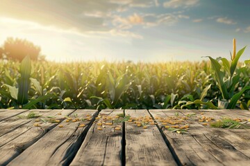 Sweet corn field and wooden table at Agriculture corn. 3D illustration, of free space for your texts and branding - generative ai