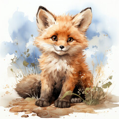 Fototapeta premium Watercolor fox sitting on the moon, clipart Illustration, Generative Ai