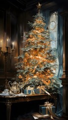 Christmas tree with presents in a classic interior - 3D render.