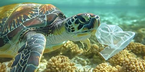 Muurstickers Sea Turtle Mistaking Plastic for Jellyfish Highlighting Harmful Effects of Plastic Pollution on Marine Ecosystems © vanilnilnilla