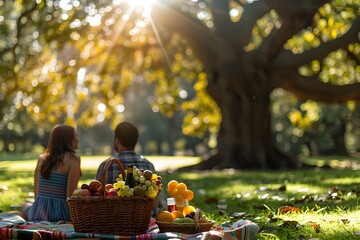 Romantic Picnic in Lush Park under Shady Oak Tree with Vibrant Sunlit Scenery