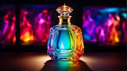 "A bottle of perfume, emitting a vibrant hue of bright color, sits on a sleek, modern vanity. The perfume bottle is cylindrical in shape, made of transparent glass, reflecting the light beautifully. T