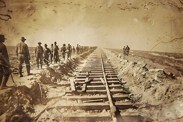 Monumental Effort in Transcontinental Railroad Construction A Vintage Sepia Toned Depiction of Workers and Tools Shaping the Path of Progress