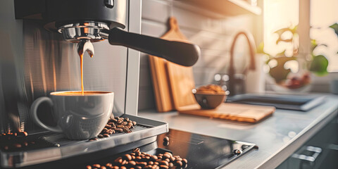 close up of coffee machine pouring black delicious hot espresso in modern kitchen, generative AI - obrazy, fototapety, plakaty