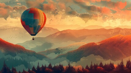 Go on a hot air balloon ride over a scenic landscape, Varied Colors Palette, Geometric, Bold, , , - obrazy, fototapety, plakaty
