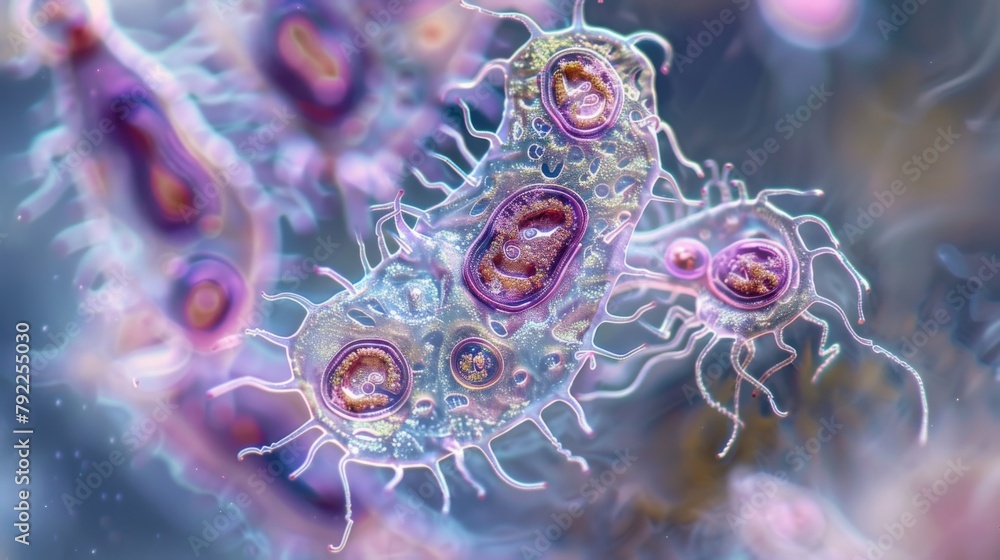 Poster a detailed closeup of an amoeba with its everchanging shape and intricate pseudopods extended in all