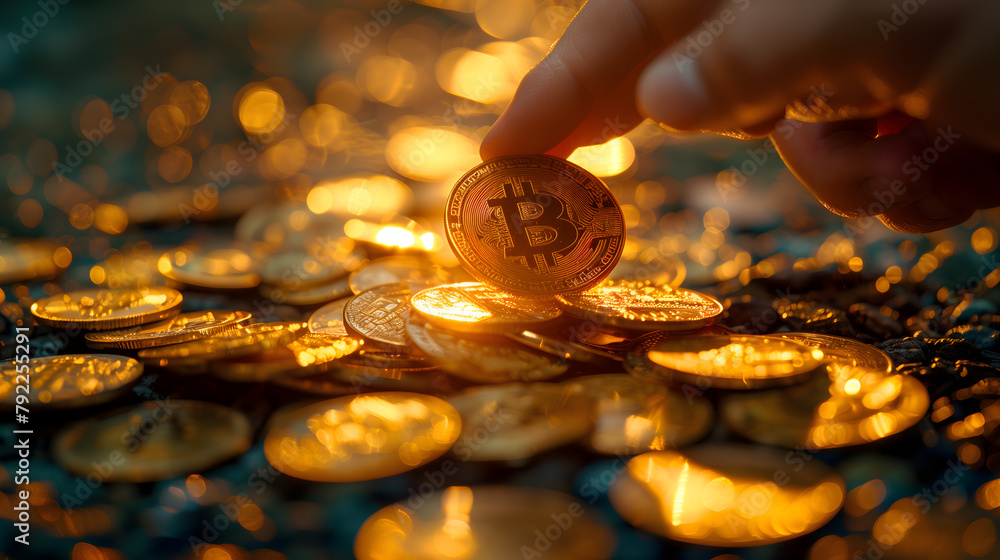 Aufkleber a hand takes a bitcoin from a pile of golden coins in a golden light with a bokeh effect in a close 