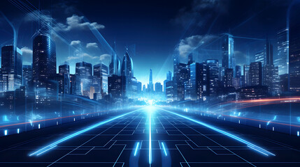 Digital technology dark blue modern city theme poster web page PPT background - obrazy, fototapety, plakaty