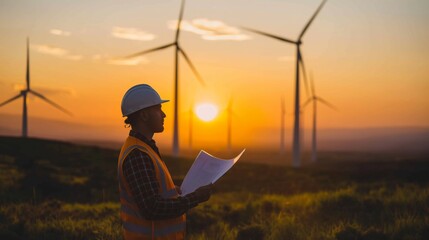 Engineer inspecting wind farm at sunset, Concept of renewable energy, sustainability, and environmental engineering