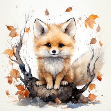 recommend clip art: Watercolor fox sitting on the moon, clipart Illustration, Generative Ai