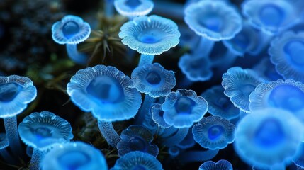 A vibrant blue fungal spore with a textured surface reminiscent of a miniature planet. - obrazy, fototapety, plakaty