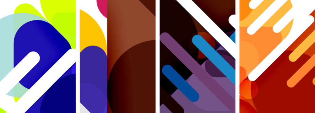 An artistic collage featuring four different colored backgrounds purple, violet, magenta, and electric blue with white lines and bold fonts creating a vibrant display of colorfulness and patterns
