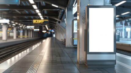 Blank mockup of a train platform showcasing a rotating digital ad display. .