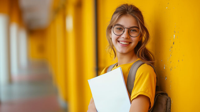 Cheerful teenage girl leaning against a yellow wall with school papers, concept of optimism and student lifestyle