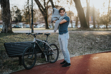 Casual man in park with a bicycle enjoying a break on a sunny day, concept of active lifestyle and leisure