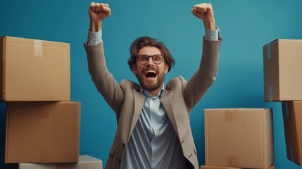 Ecstatic young businessman with arms raised surrounded by cardboard boxes, Concept of career success and job fulfillment