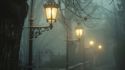 The hazy glow of vintage street lamps casting a romantic ambiance on a deserted street evoking a sense of nostalgia and mystery. . - obrazy, fototapety, plakaty