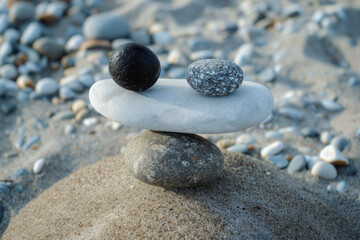 Zen-like Balance of Smooth Stones on a Pebble Beach with Gentle Sea in the Background