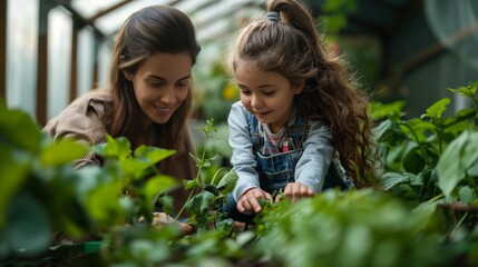 Mother and Daughter Tending to Garden Plants Together, Concept of Family Bonding and Education in Nature