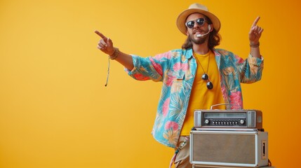 Stylish man with sunglasses dancing beside a vintage boombox on a sunny yellow background, Concept...